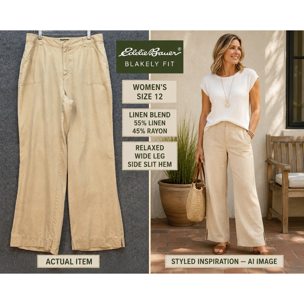 Eddie Bauer Blakely Fit Pants Womens Wide Leg Linen Tan 12 Excellent Coastal